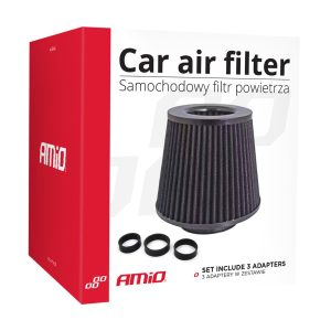 Zračni filter za avto, stožčasti, črn, univerzalen, 3 montažni adapterji AMIO-02546