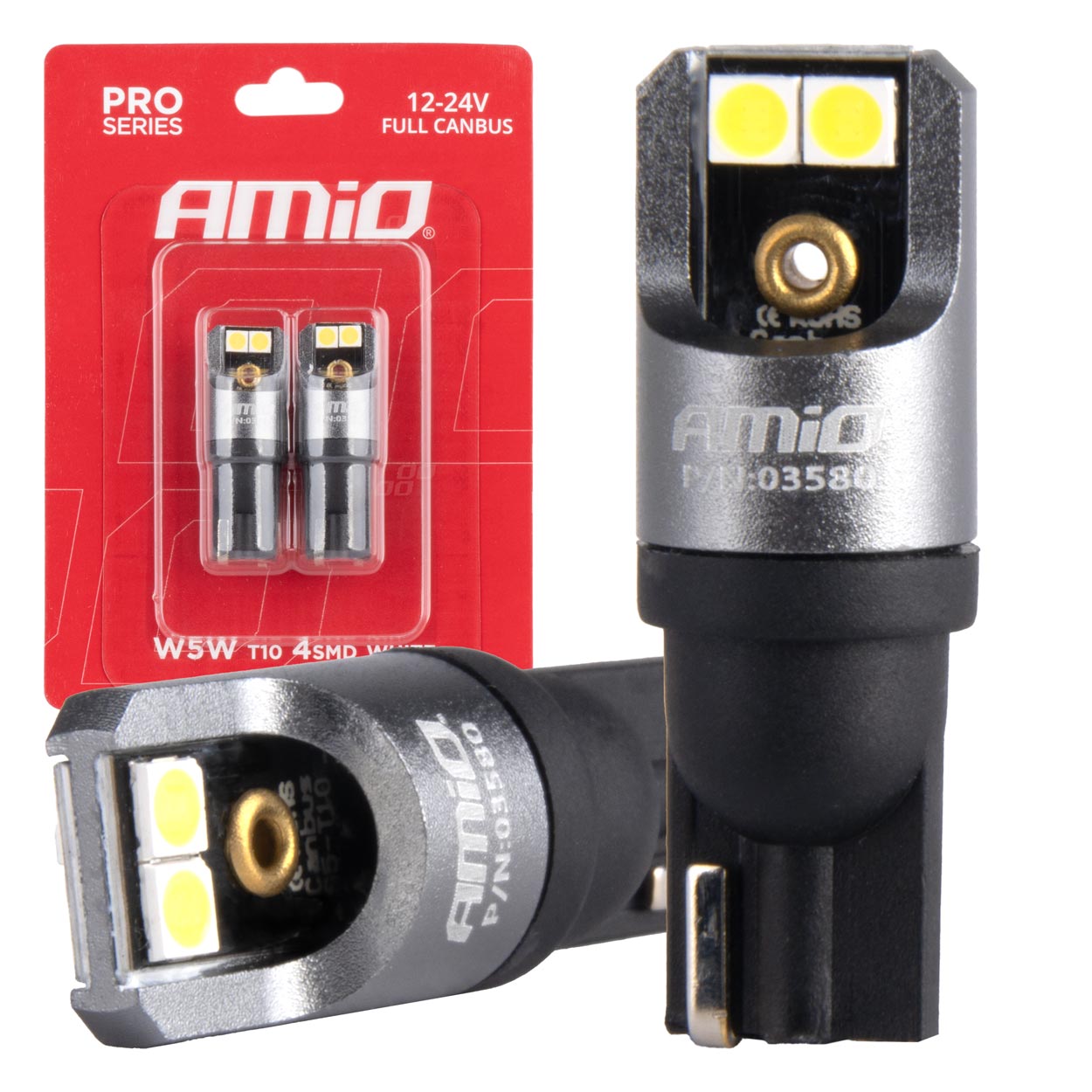 LED Canbus serije PRO T10 W5W 4×3030 SMD bele 12/24V POLNO Canbus AMIO-03580