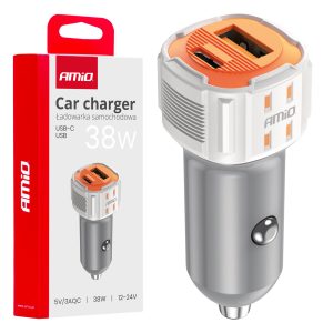 Avtomobilski polnilnik USB-A + USB-C 38W 12/24V AMiO-03883