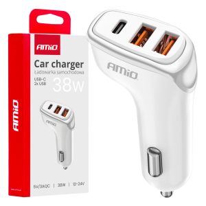 Avtomobilski polnilnik 2x USB-A + USB-C 38W 12/24V AMiO-03886