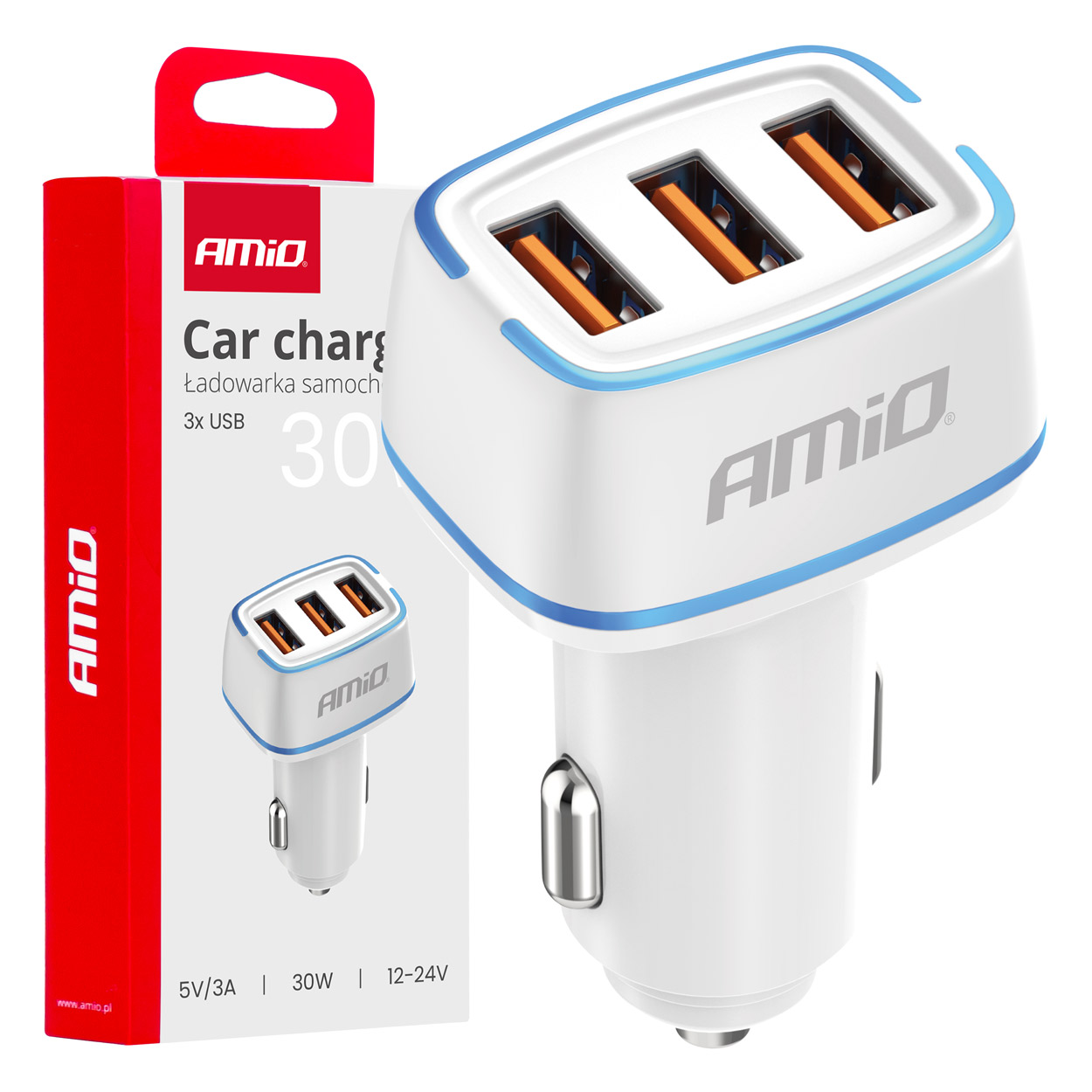 Avtomobilski polnilnik 3x USB-A 30W 12/24V AMiO-03889