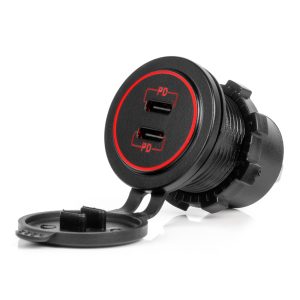 Vodoodporen polnilnik za telefon z rdečo LED osvetlitvijo 2xUSB C 12/24V AMIO-04223