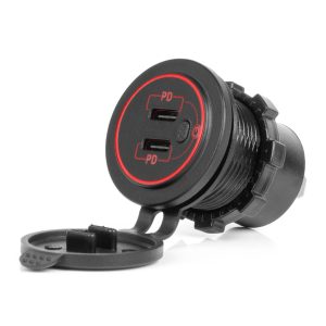 Vodoodporen polnilnik za telefon s stikalom, rdečo LED osvetlitvijo 2xUSB C 12/24V AMIO-04224