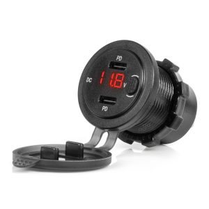 Vodoodporni polnilnik za telefon s stikalom, RDEČA LED osvetlitev, digitalni voltmeter 2xUSB C 12/24V AMIO-04226