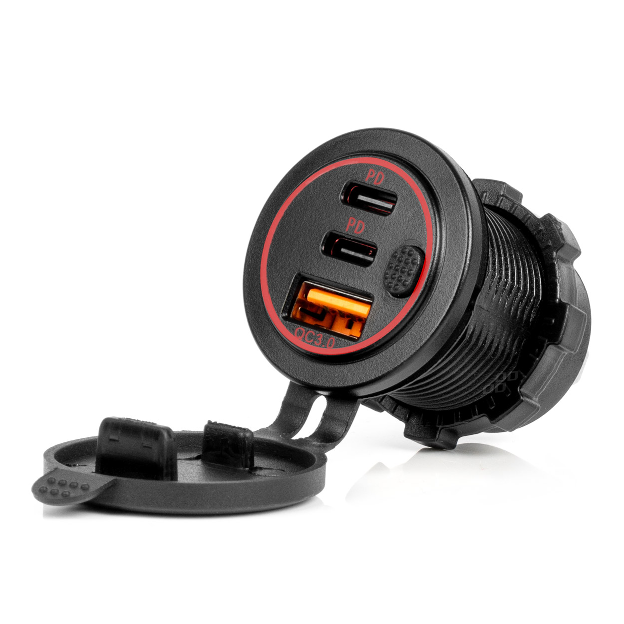 Vodoodporni polnilnik za telefon s stikalom, RDEČA LED osvetlitev ozadja USB + 2xUSB C QC3.0 12/24V AMIO-04227