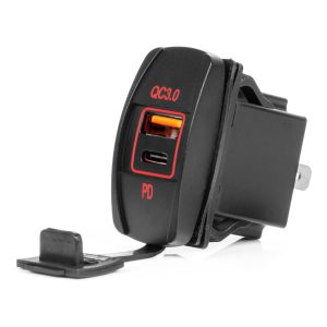 Vodoodporni polnilnik za telefon v obliki čolna z RDEČO LED osvetlitvijo ozadja USB + USB C QC3.0 12/24V AMIO-04229