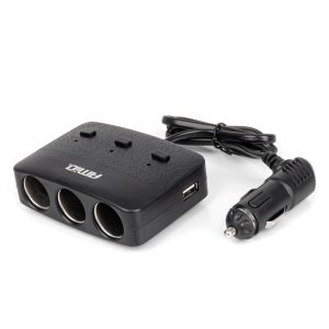 Trojni podaljšek za polnilnik 2x USB A gumb VKLOP/IZKLOP LED indikator 12/24V 100W 70cm AMIO-04363