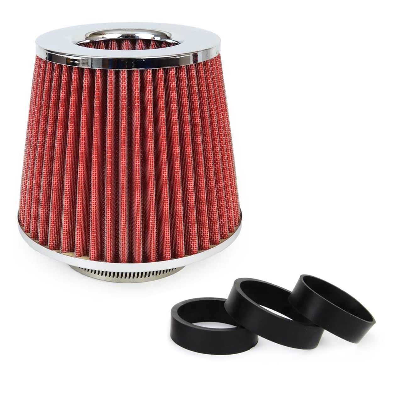 Zračni filter za avto, stožčasti, rdeč "chrome", univerzalen, 3 montažni adapterji AMIO-01282 - slika 3