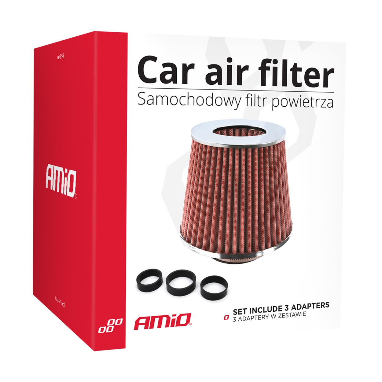 Zračni filter za avto, stožčasti, rdeč "chrome", univerzalen, 3 montažni adapterji AMIO-01282 - slika 5