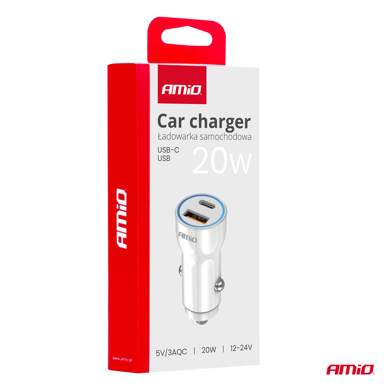 Avtomobilski polnilnik USB-A + USB-C 20W 12/24V AMiO-03881 - slika 4