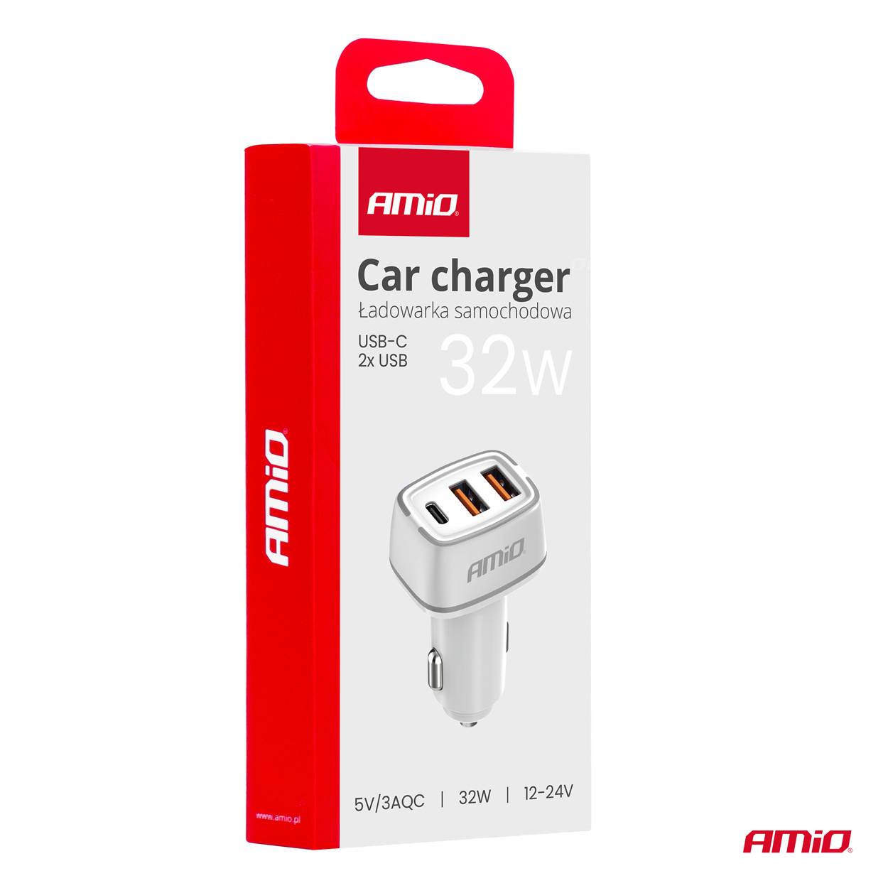 Avtomobilski polnilnik 2x USB-A + USB-C 32W 12/24V AMiO-03890 - slika 5
