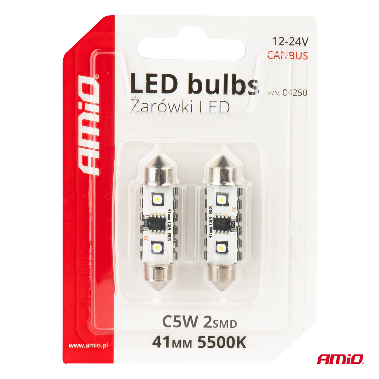 LED Canbus žarnice 12SMD Festoon C5W 3838 41 mm bele 12/24V AMIO-04250 - slika 5