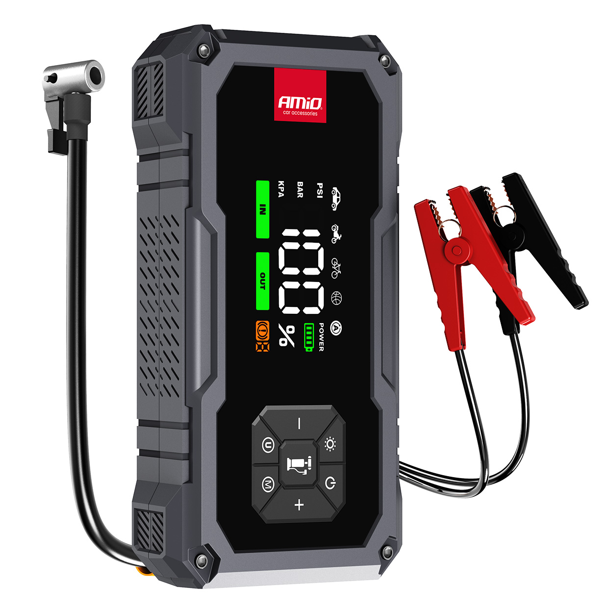 Prenosni 4v1 zagonski akumulator, LED, zračni kompresor, Powerbank 12V 7,2Ah 600A PRO AMIO-04674