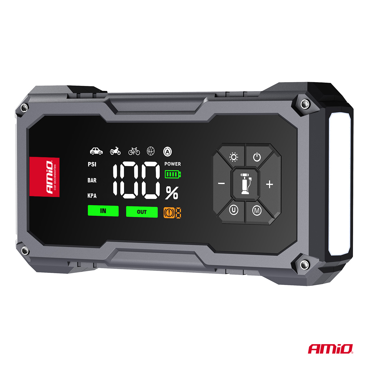 Prenosni 4v1 zagonski akumulator, LED, zračni kompresor, Powerbank 12V 7,2Ah 600A PRO AMIO-04674 - slika 3