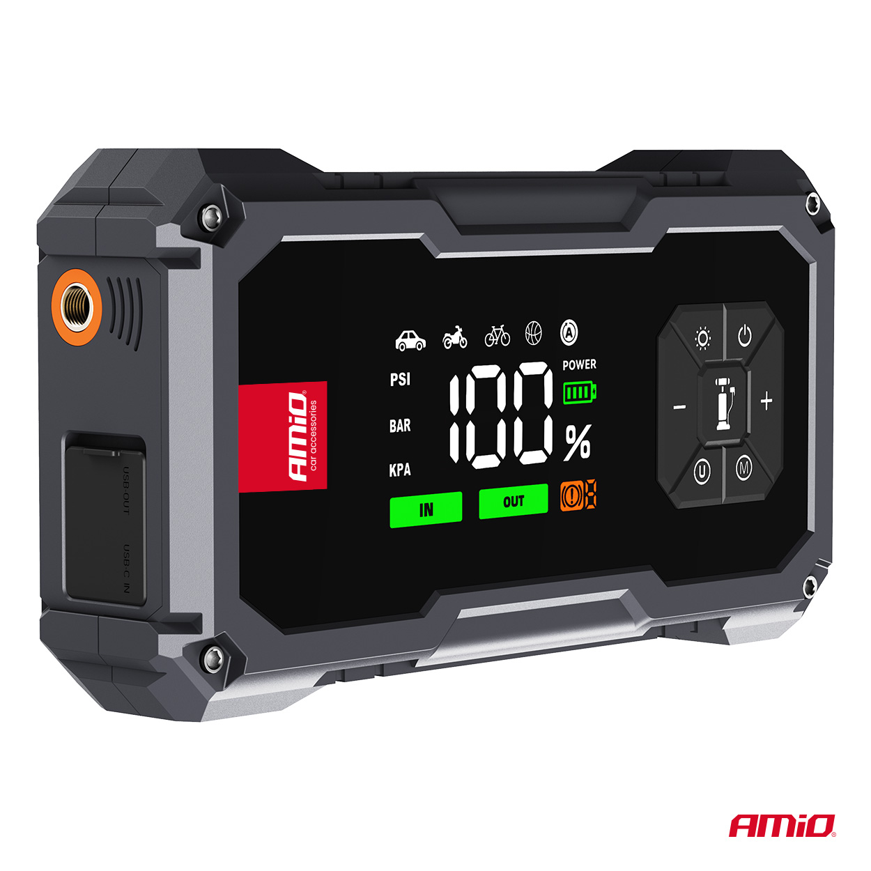Prenosni 4v1 zagonski akumulator, LED, zračni kompresor, Powerbank 12V 7,2Ah 600A PRO AMIO-04674 - slika 4