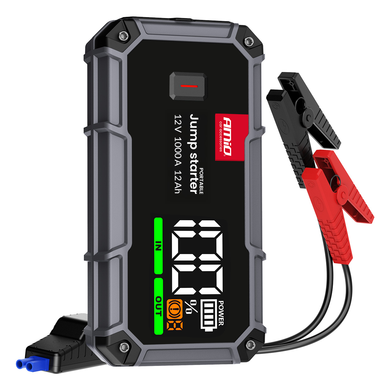 Prenosni 3v1 zagonski polnilnik, LED baterija, Powerbank, 12V 12Ah 1000A PRO AMIO-04676