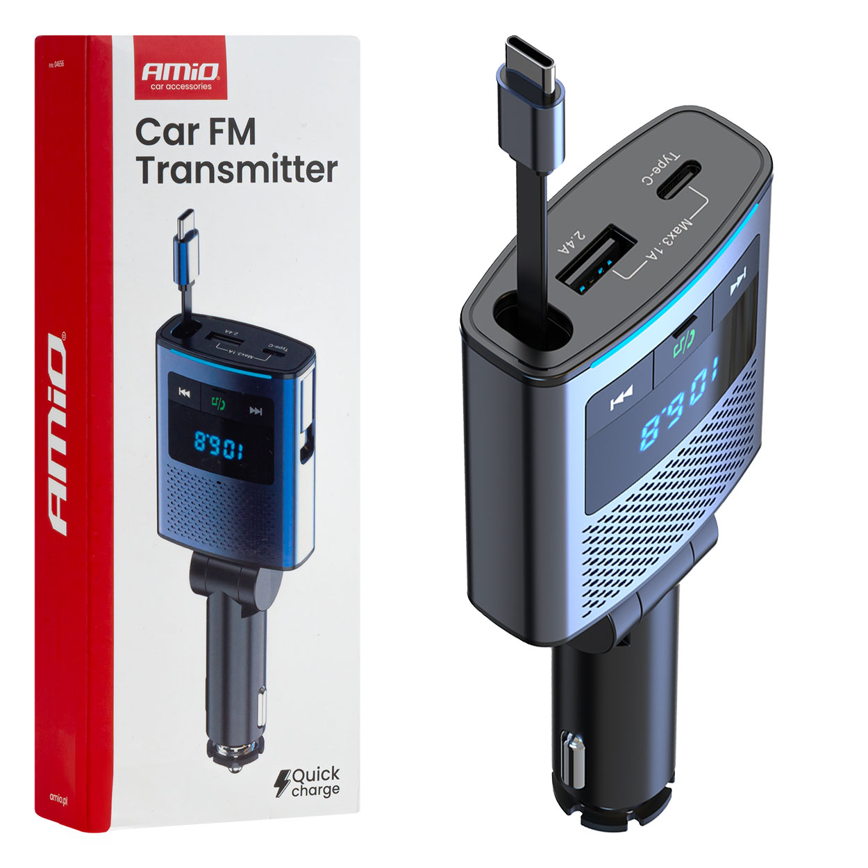 Avtomobilski FM oddajnik, 1x USB-A, 1x USB-C, 12V 24V, AMIO-04656