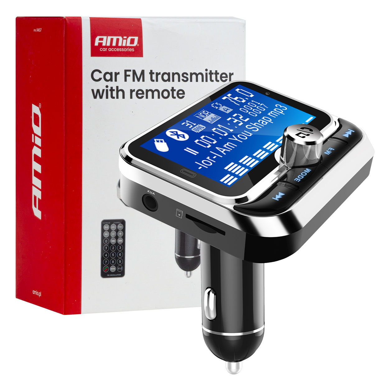 Avtomobilski FM oddajnik z daljinskim upravljalnikom, 2x USB-A, 12V 24V, AMIO-04657