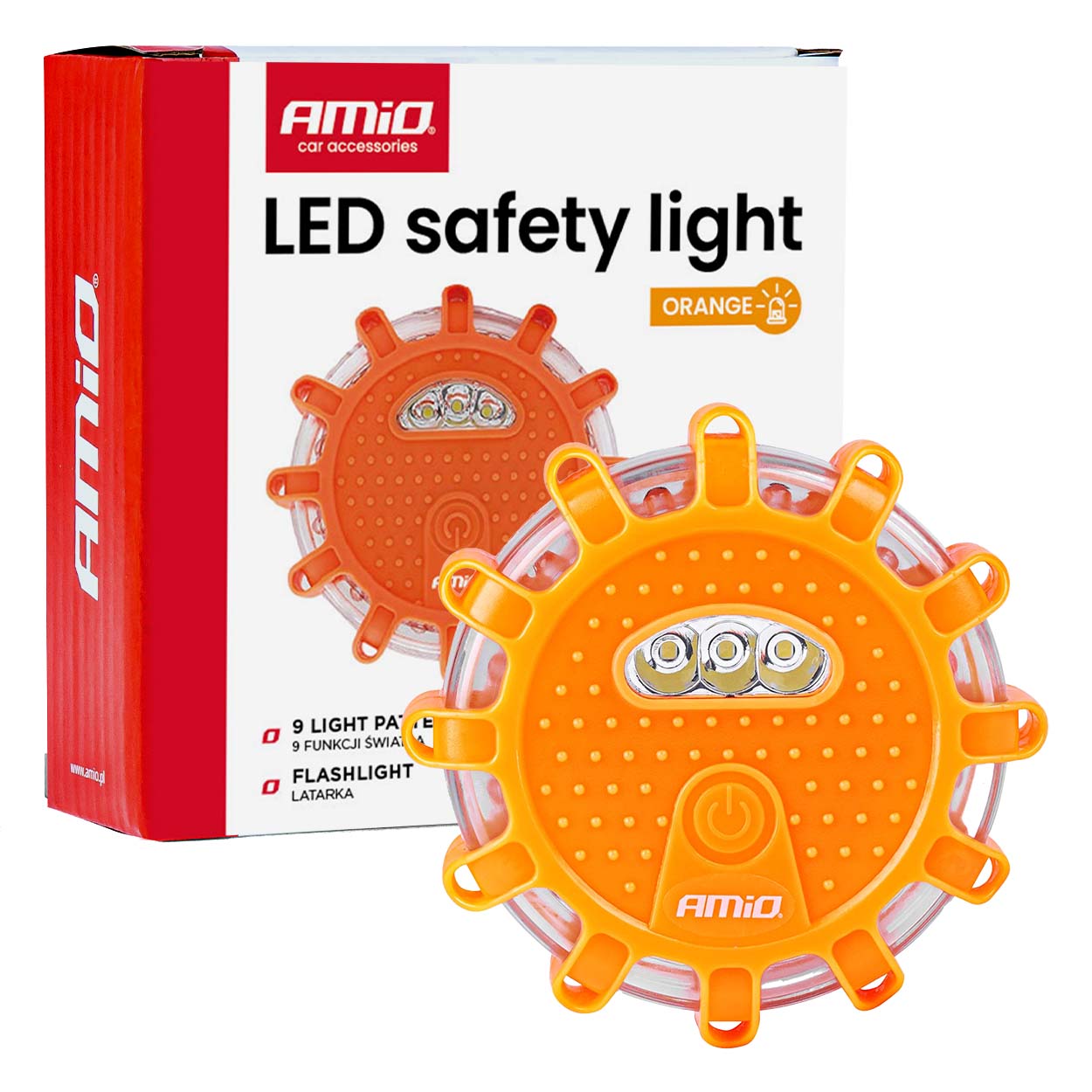 Zasilna opozorilna svetilka s funkcijo bliskavice 3xAAA IP65 12SMD + 3SMD oranžna AMIO-04828